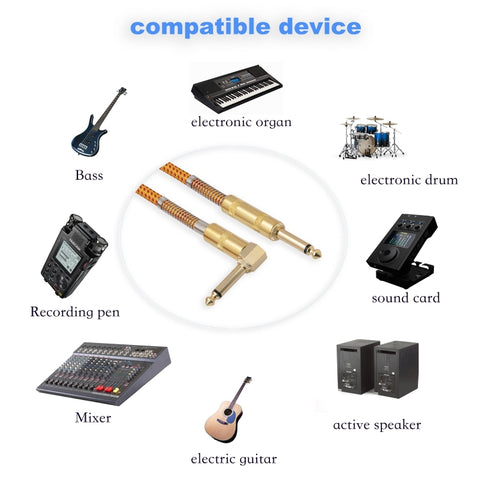 TC048GFY Gold-plating 6.35mm Male Straight to Elbow Audio Cable for Electric Guitar Drum, Length: 3m, 3m M to M Elbow