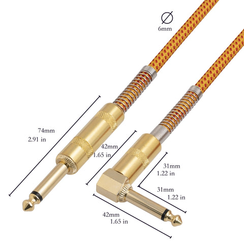 TC048GFY Gold-plating 6.35mm Male Straight to Elbow Audio Cable for Electric Guitar Drum, Length: 3m, 3m M to M Elbow
