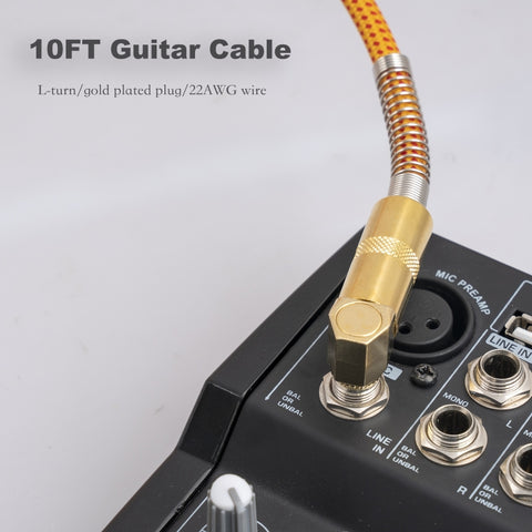 TC048GFY Gold-plating 6.35mm Male Straight to Elbow Audio Cable for Electric Guitar Drum, Length: 3m, 3m M to M Elbow