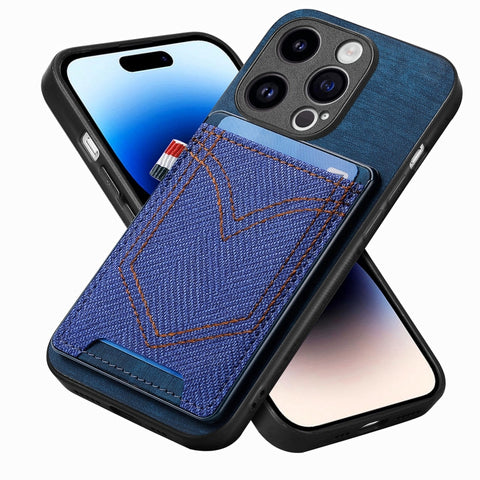 Denim Texture Leather Skin Phone Case with Card Slot, For iPhone 15 Pro Max, For iPhone 15 Pro, For iPhone 15 Plus, For iPhone 15, For iPhone 14 Pro, For iPhone 14 Pro Max