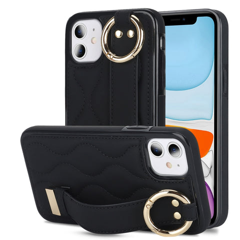 Non-slip Full Coverage Ring PU Phone Case with Wristband, For iPhone 12 Pro / 12, For iPhone 12 Pro Max, For iPhone 12 mini, For iPhone 11 Pro Max, For iPhone 11, For iPhone 11 Pro