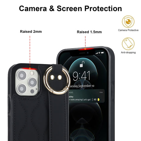 Non-slip Full Coverage Ring PU Phone Case with Wristband, For iPhone 12 Pro / 12, For iPhone 12 Pro Max, For iPhone 12 mini, For iPhone 11 Pro Max, For iPhone 11, For iPhone 11 Pro