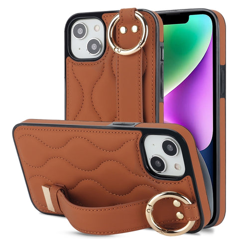 Non-slip Full Coverage Ring PU Phone Case with Wristband, For iPhone 16 Pro Max, For iPhone 16 Pro, For iPhone 16 Plus, For iPhone 16, For iPhone 14 Plus, For iPhone 14