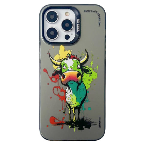 Double Layer Color Silver Series Animal Oil Painting Phone Case, For iPhone 14, For iPhone 15 Pro Max