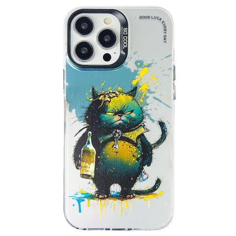 Double Layer Color Silver Series Animal Oil Painting Phone Case, For iPhone 14, For iPhone 15 Pro Max