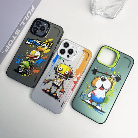 Double Layer Color Silver Series Animal Oil Painting Phone Case, For iPhone 14, For iPhone 15 Pro Max