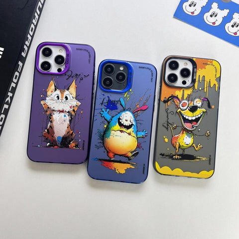 Double Layer Color Silver Series Animal Oil Painting Phone Case, For iPhone 14, For iPhone 15 Pro Max
