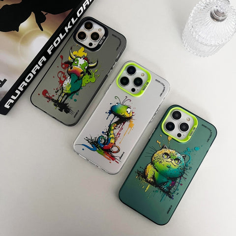 Double Layer Color Silver Series Animal Oil Painting Phone Case, For iPhone 14, For iPhone 15 Pro Max