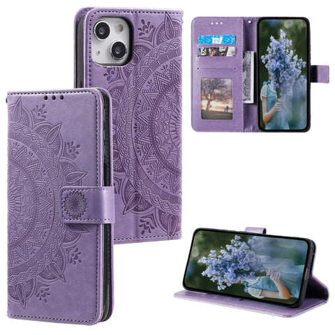 Totem Flower Embossed Leather Phone Case, For iPhone 15 Plus, For iPhone 15