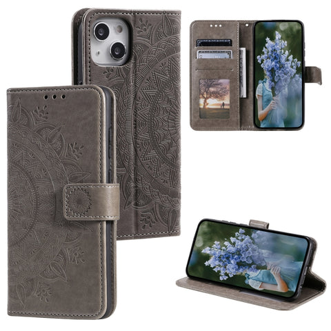 Totem Flower Embossed Leather Phone Case, For iPhone 15 Plus, For iPhone 15