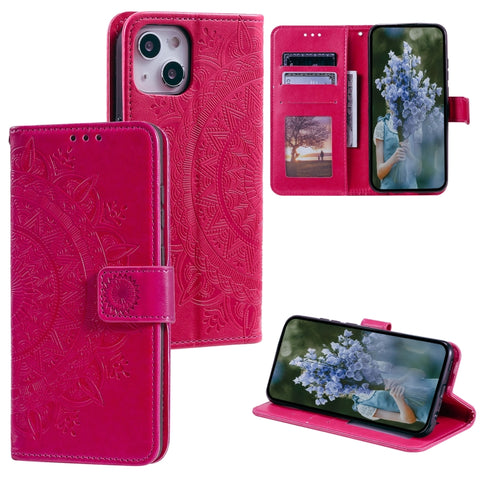 Totem Flower Embossed Leather Phone Case, For iPhone 15 Plus, For iPhone 15