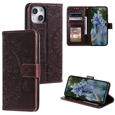 Totem Flower Embossed Leather Phone Case, For iPhone 15 Plus, For iPhone 15