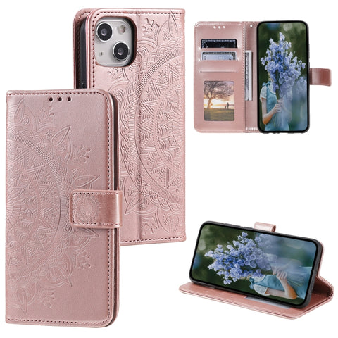 Totem Flower Embossed Leather Phone Case, For iPhone 15 Plus, For iPhone 15