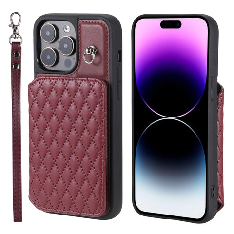 Grid Texture Card Bag Phone Case with Lanyard, For iPhone 13 Pro, For iPhone 13, For iPhone 12 / 12 Pro, For iPhone 12 Pro Max, For iPhone 11, For iPhone XR, For iPhone 8 Plus / 7 Plus