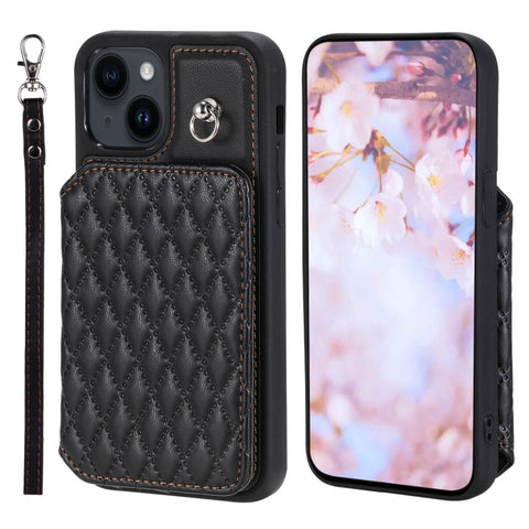 Grid Texture Card Bag Phone Case with Lanyard, For iPhone 13 Pro, For iPhone 13, For iPhone 12 / 12 Pro, For iPhone 12 Pro Max, For iPhone 11, For iPhone XR, For iPhone 8 Plus / 7 Plus