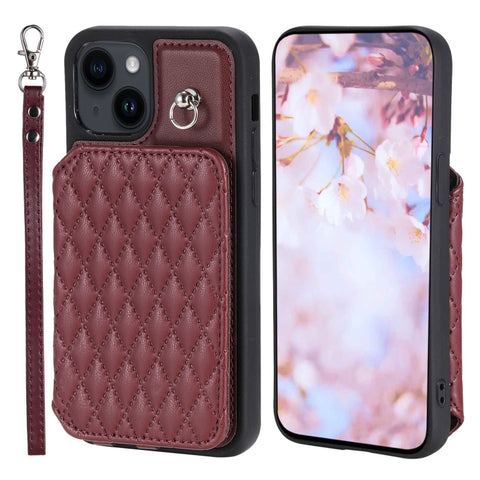 Grid Texture Card Bag Phone Case with Lanyard, For iPhone 13 Pro, For iPhone 13, For iPhone 12 / 12 Pro, For iPhone 12 Pro Max, For iPhone 11, For iPhone XR, For iPhone 8 Plus / 7 Plus