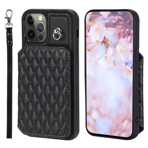 Grid Texture Card Bag Phone Case with Lanyard, For iPhone 13 Pro, For iPhone 13, For iPhone 12 / 12 Pro, For iPhone 12 Pro Max, For iPhone 11, For iPhone XR, For iPhone 8 Plus / 7 Plus