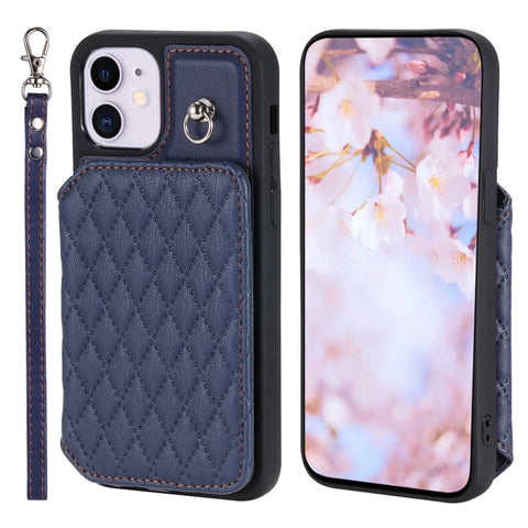 Grid Texture Card Bag Phone Case with Lanyard, For iPhone 13 Pro, For iPhone 13, For iPhone 12 / 12 Pro, For iPhone 12 Pro Max, For iPhone 11, For iPhone XR, For iPhone 8 Plus / 7 Plus