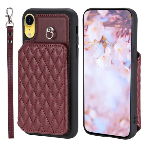 Grid Texture Card Bag Phone Case with Lanyard, For iPhone 13 Pro, For iPhone 13, For iPhone 12 / 12 Pro, For iPhone 12 Pro Max, For iPhone 11, For iPhone XR, For iPhone 8 Plus / 7 Plus
