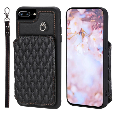 Grid Texture Card Bag Phone Case with Lanyard, For iPhone 13 Pro, For iPhone 13, For iPhone 12 / 12 Pro, For iPhone 12 Pro Max, For iPhone 11, For iPhone XR, For iPhone 8 Plus / 7 Plus