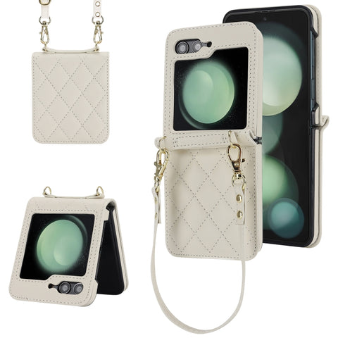 Rhombic Texture Phone Case with Long & Short Lanyard, For Samsung Galaxy Z Flip6 / Flip7 FE, For Samsung Galaxy Z Flip5, For Samsung Galaxy Z Flip4