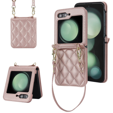 Rhombic Texture Phone Case with Long & Short Lanyard, For Samsung Galaxy Z Flip6 / Flip7 FE, For Samsung Galaxy Z Flip5, For Samsung Galaxy Z Flip4