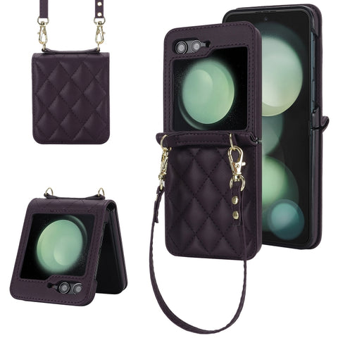 Rhombic Texture Phone Case with Long & Short Lanyard, For Samsung Galaxy Z Flip6 / Flip7 FE, For Samsung Galaxy Z Flip5, For Samsung Galaxy Z Flip4