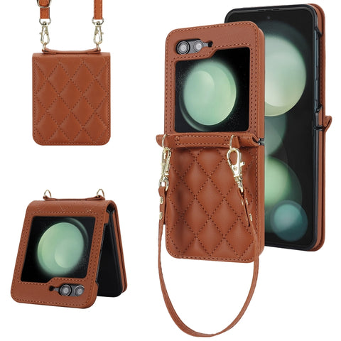 Rhombic Texture Phone Case with Long & Short Lanyard, For Samsung Galaxy Z Flip6 / Flip7 FE, For Samsung Galaxy Z Flip5, For Samsung Galaxy Z Flip4