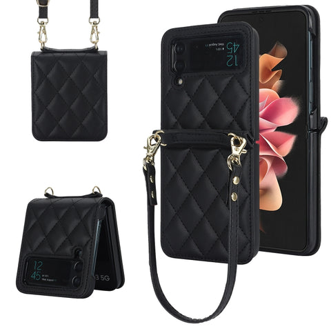Rhombic Texture Phone Case with Long & Short Lanyard, For Samsung Galaxy Z Flip6 / Flip7 FE, For Samsung Galaxy Z Flip5, For Samsung Galaxy Z Flip4