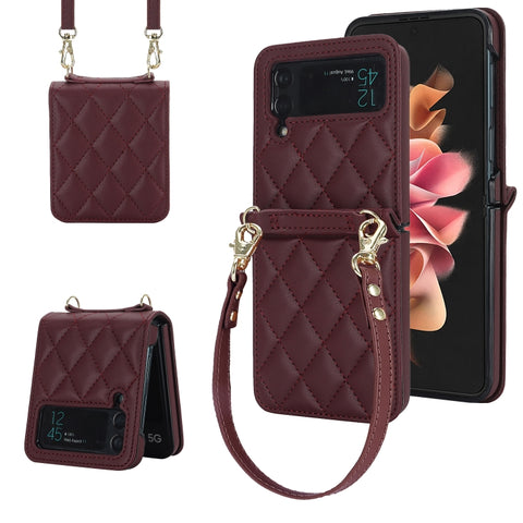 Rhombic Texture Phone Case with Long & Short Lanyard, For Samsung Galaxy Z Flip6 / Flip7 FE, For Samsung Galaxy Z Flip5, For Samsung Galaxy Z Flip4