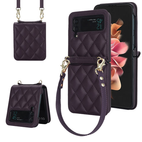 Rhombic Texture Phone Case with Long & Short Lanyard, For Samsung Galaxy Z Flip6 / Flip7 FE, For Samsung Galaxy Z Flip5, For Samsung Galaxy Z Flip4