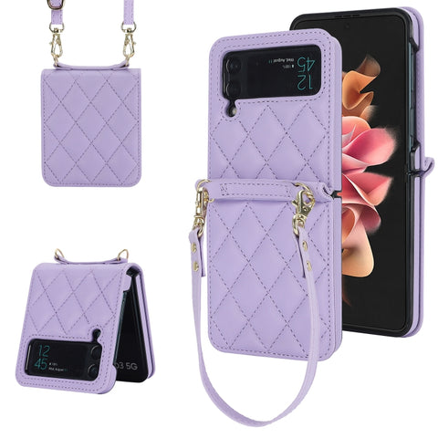 Rhombic Texture Phone Case with Long & Short Lanyard, For Samsung Galaxy Z Flip6 / Flip7 FE, For Samsung Galaxy Z Flip5, For Samsung Galaxy Z Flip4