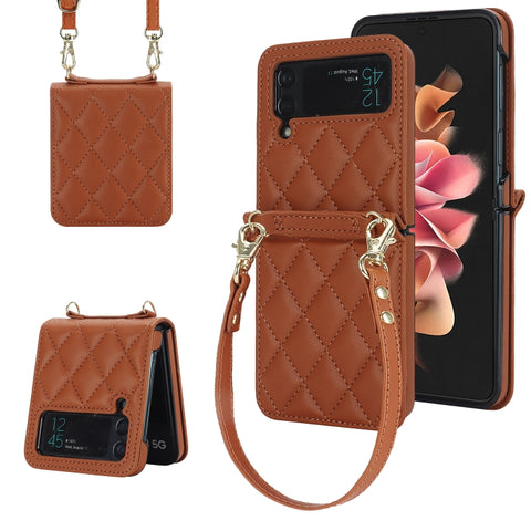 Rhombic Texture Phone Case with Long & Short Lanyard, For Samsung Galaxy Z Flip6 / Flip7 FE, For Samsung Galaxy Z Flip5, For Samsung Galaxy Z Flip4