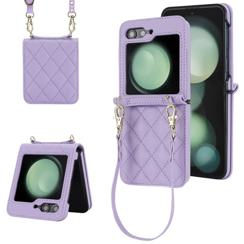 Rhombic Texture Phone Case with Long & Short Lanyard, For Samsung Galaxy Z Flip6 / Flip7 FE, For Samsung Galaxy Z Flip5, For Samsung Galaxy Z Flip4