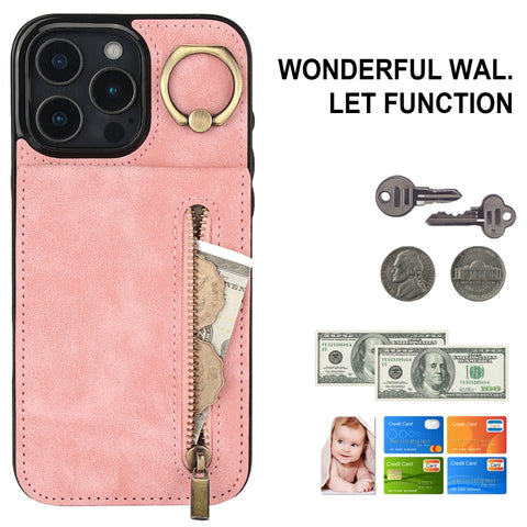Retro Ring and Zipper RFID Card Slot Phone Case, For iPhone 16 Pro, For iPhone 16 Plus, For iPhone 16, For iPhone 15 Pro Max, For iPhone 15 Pro, For iPhone 15 Plus