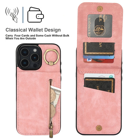 Retro Ring and Zipper RFID Card Slot Phone Case, For iPhone 16 Pro, For iPhone 16 Plus, For iPhone 16, For iPhone 15 Pro Max, For iPhone 15 Pro, For iPhone 15 Plus