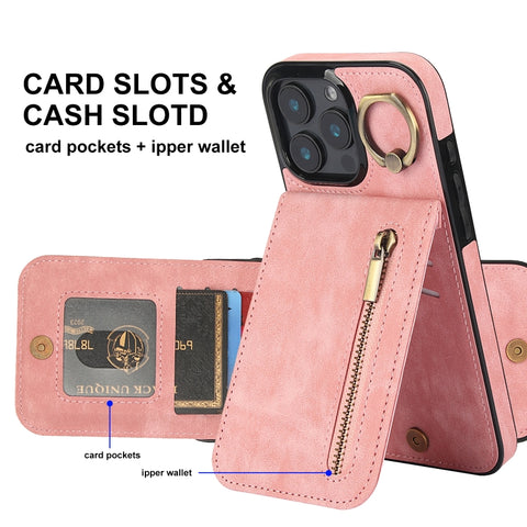 Retro Ring and Zipper RFID Card Slot Phone Case, For iPhone 16 Pro, For iPhone 16 Plus, For iPhone 16, For iPhone 15 Pro Max, For iPhone 15 Pro, For iPhone 15 Plus