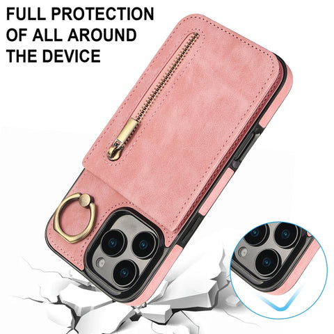 Retro Ring and Zipper RFID Card Slot Phone Case, For iPhone 16 Pro, For iPhone 16 Plus, For iPhone 16, For iPhone 15 Pro Max, For iPhone 15 Pro, For iPhone 15 Plus