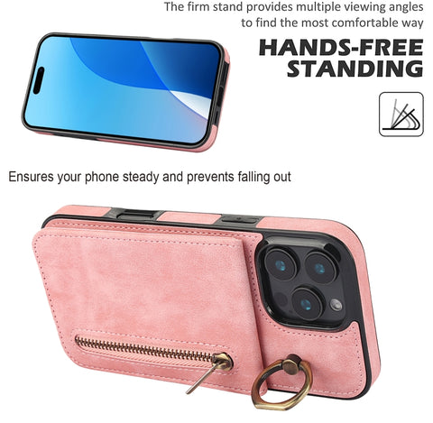 Retro Ring and Zipper RFID Card Slot Phone Case, For iPhone 16 Pro, For iPhone 16 Plus, For iPhone 16, For iPhone 15 Pro Max, For iPhone 15 Pro, For iPhone 15 Plus