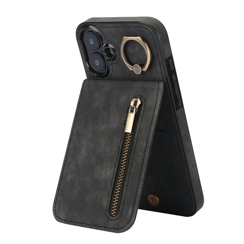Retro Ring and Zipper RFID Card Slot Phone Case, For iPhone 16 Pro, For iPhone 16 Plus, For iPhone 16, For iPhone 15 Pro Max, For iPhone 15 Pro, For iPhone 15 Plus