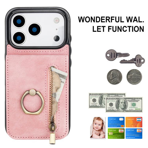 Retro Ring and Zipper RFID Card Slot Phone Case, For iPhone 18 Pro / 17 Pro, For iPhone 18 Pro Max / 17 Pro Max, For iPhone 17e / 16e, For iPhone 17, For iPhone Air, For iPhone 16 Pro Max