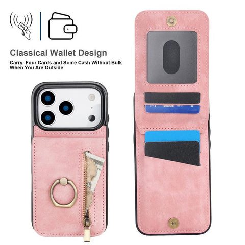 Retro Ring and Zipper RFID Card Slot Phone Case, For iPhone 18 Pro / 17 Pro, For iPhone 18 Pro Max / 17 Pro Max, For iPhone 17e / 16e, For iPhone 17, For iPhone Air, For iPhone 16 Pro Max