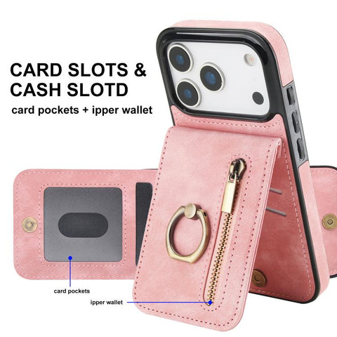 Retro Ring and Zipper RFID Card Slot Phone Case, For iPhone 18 Pro / 17 Pro, For iPhone 18 Pro Max / 17 Pro Max, For iPhone 17e / 16e, For iPhone 17, For iPhone Air, For iPhone 16 Pro Max