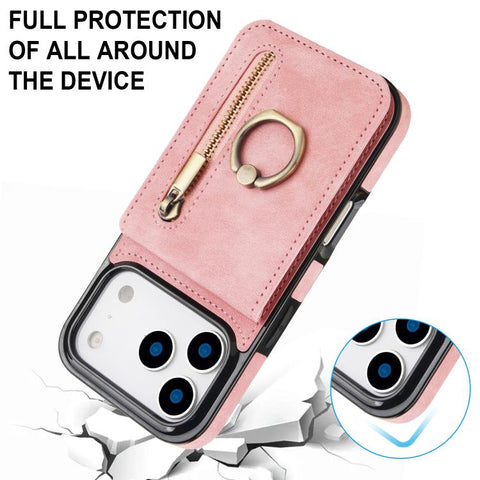 Retro Ring and Zipper RFID Card Slot Phone Case, For iPhone 18 Pro / 17 Pro, For iPhone 18 Pro Max / 17 Pro Max, For iPhone 17e / 16e, For iPhone 17, For iPhone Air, For iPhone 16 Pro Max