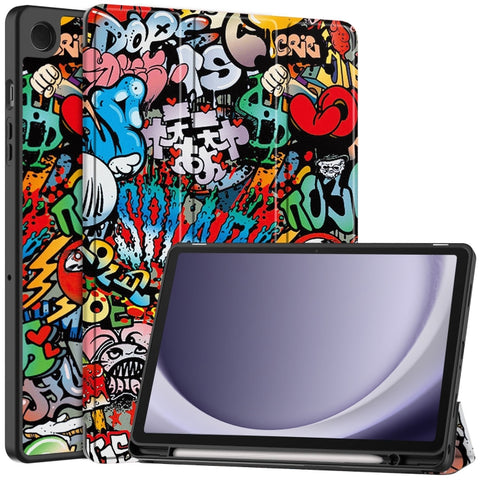 Custer Painted 3-Fold Holder Smart TPU Leather Tablet Case with Pen Tray, For Samsung Galaxy Tab A9+