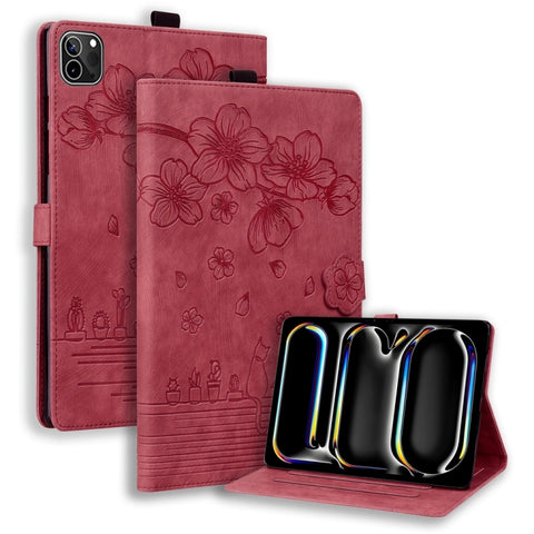 Cartoon Sakura Cat Embossed Smart Leather Tablet Case, For iPad mini 8 2026, For iPad Pro 13 2025 / 2024, For iPad Pro 11 2025 / 2024, For iPad mini 6 / mini 2024, For iPad Pro 12.9 2022 / 2021, For iPad Pro 11 2022 / Air 10.9 2022                     ...