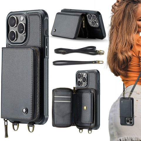 JEEHOOD C22 Series Zipper Wallet Leather Phone Case with Dual Lanyard, For iPhone 17 Pro Max, For iPhone 17 Pro, For iPhone Air, For iPhone 16 Pro Max, For iPhone 16 Pro, For iPhone 16 Plus, For iPhone 16, For iPhone 15 Pro Max