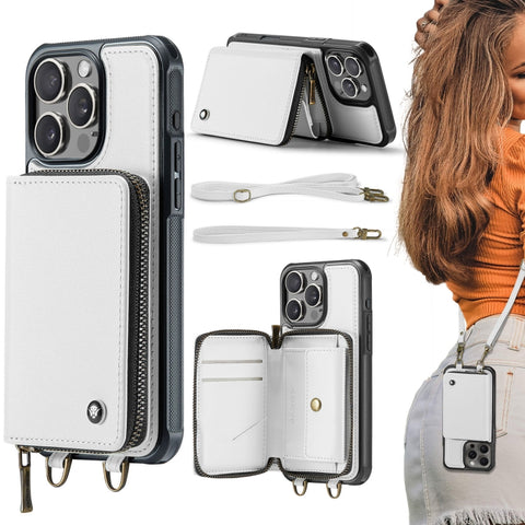 JEEHOOD C22 Series Zipper Wallet Leather Phone Case with Dual Lanyard, For iPhone 17 Pro Max, For iPhone 17 Pro, For iPhone Air, For iPhone 16 Pro Max, For iPhone 16 Pro, For iPhone 16 Plus, For iPhone 16, For iPhone 15 Pro Max