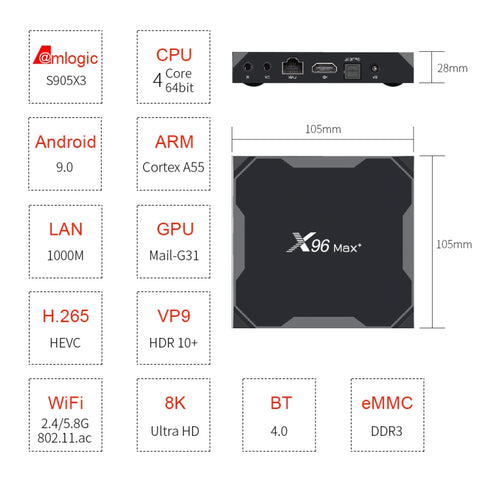 X96 max+ 4K Smart TV Box, Android 9.0, Amlogic S905X3 Quad-Core Cortex-A55,4GB+32GB, Support LAN, AV, 2.4G/5G WiFi, USBx2,TF Card,, EU Plug, US Plug, UK Plug, AU Plug