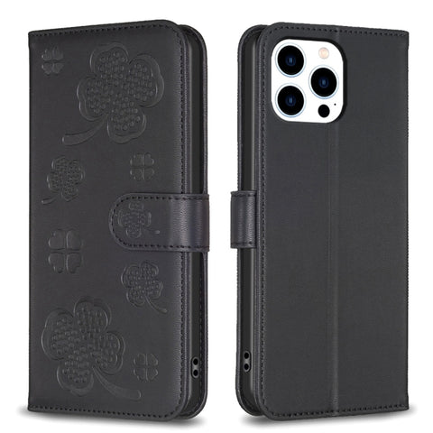 Four-leaf Embossed Leather Phone Case, For iPhone 15 Pro Max, For iPhone 15 Pro, For iPhone 15 Plus, For iPhone 15, For iPhone 14 Plus, For iPhone 14, For iPhone 14 Pro, For iPhone 14 Pro Max
